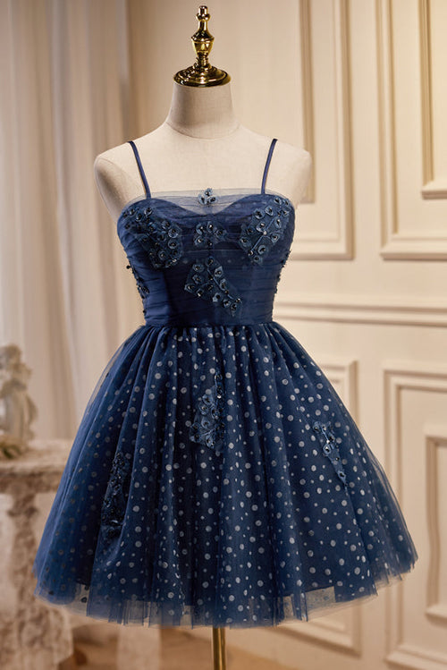 Luolandi A line Spaghetti Straps Tulle Homecoming Dress Navy Blue Short Party Dress